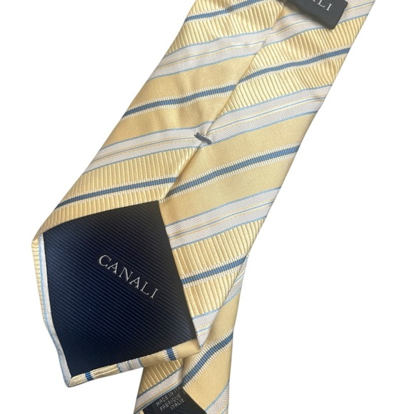 Canali silk tie made in Italy blue and yellow stripe summer spring colours luxe - Picture 4 of 6
